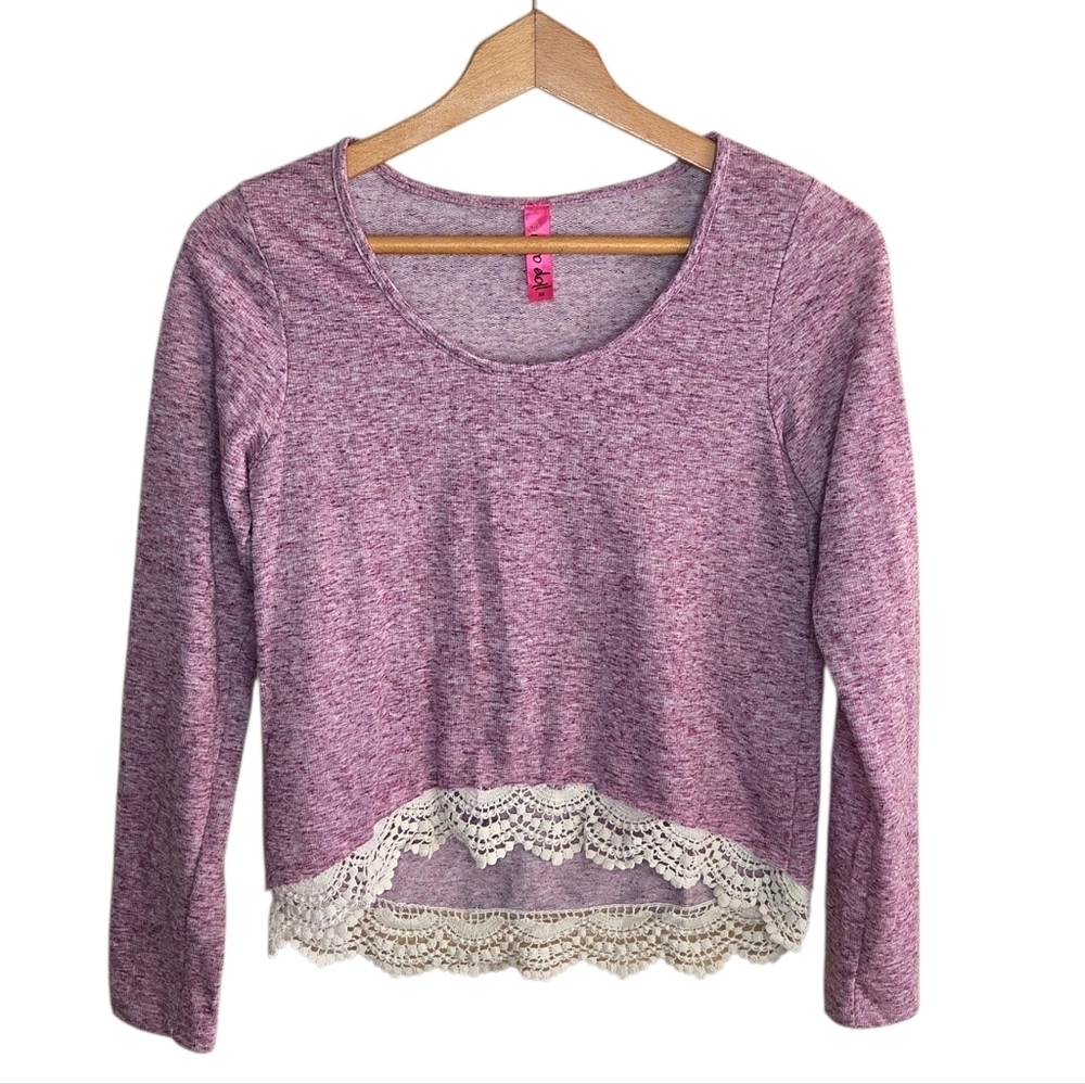 Y2K Retro Doll Mauve Long Sleeve Scoop Neck Top Lace Hem Size XS